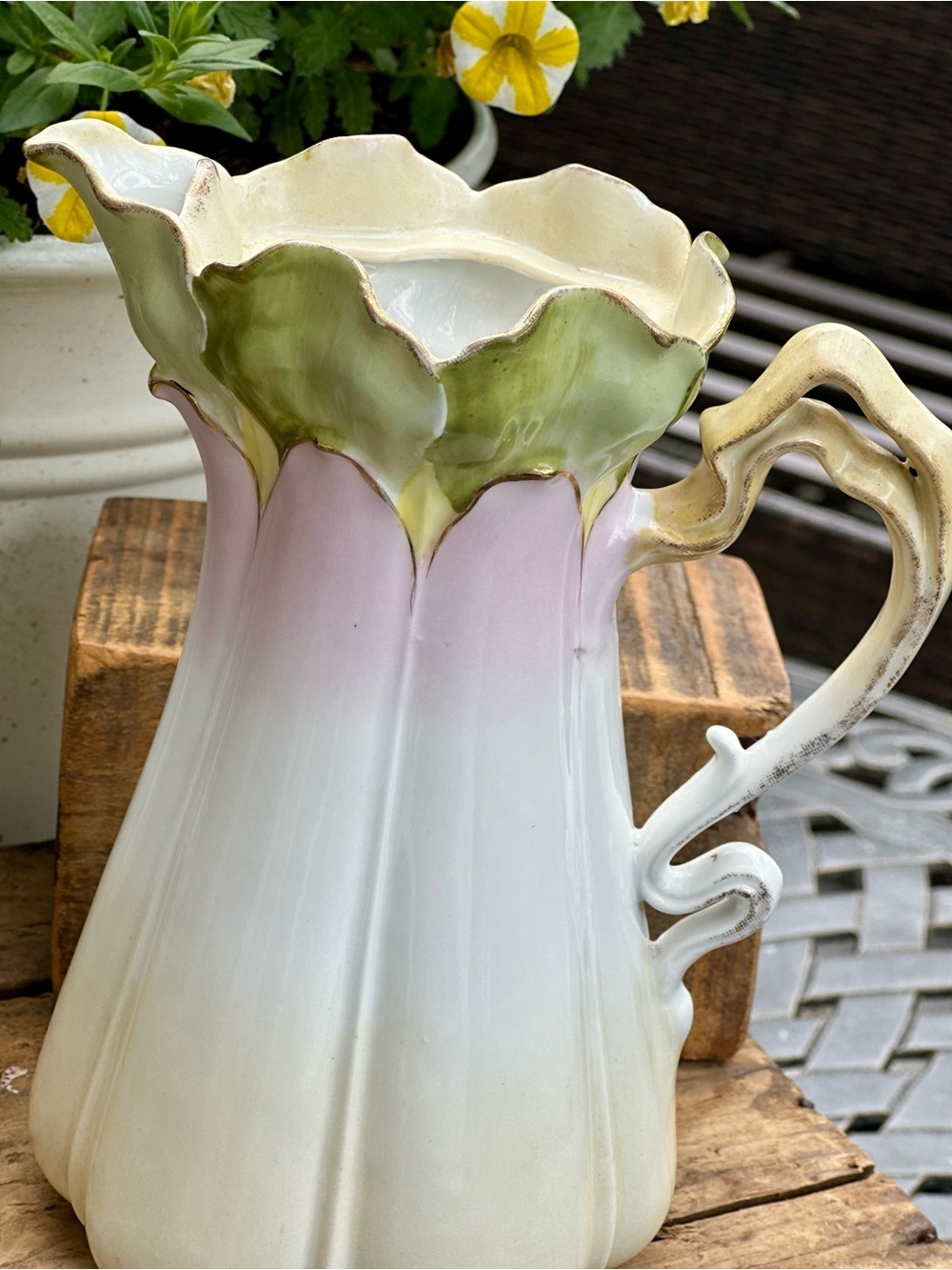 Antique Art Nouveau Floral Pitcher Pink  and Green Lily Blossom Form 1900 1920 - Picture 5 of 11